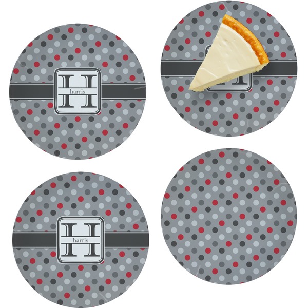 Custom Red & Gray Polka Dots Set of 4 Glass Appetizer / Dessert Plate 8" (Personalized)