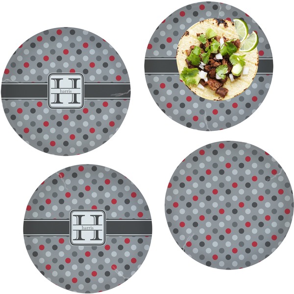 Custom Red & Gray Polka Dots Set of 4 Glass Lunch / Dinner Plate 10" (Personalized)