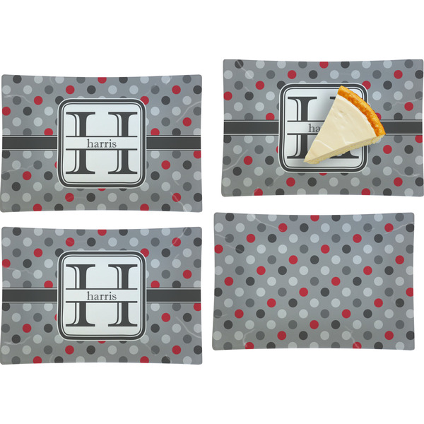 Custom Red & Gray Polka Dots Set of 4 Glass Rectangular Appetizer / Dessert Plate (Personalized)
