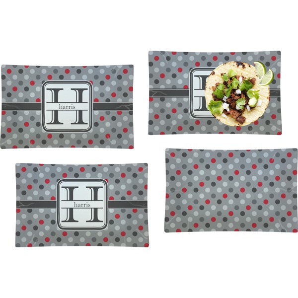 Custom Red & Gray Polka Dots Set of 4 Glass Rectangular Lunch / Dinner Plate (Personalized)