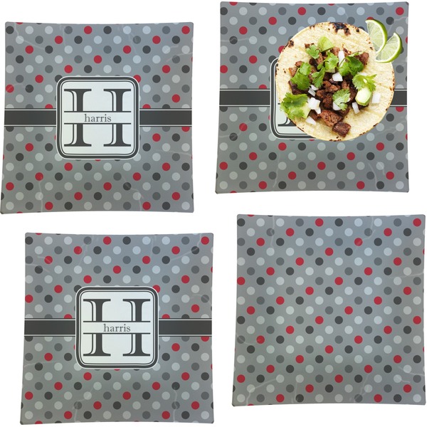 Custom Red & Gray Polka Dots Set of 4 Glass Square Lunch / Dinner Plate 9.5" (Personalized)