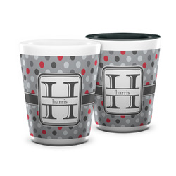 Red & Gray Polka Dots Ceramic Shot Glass - 1.5 oz (Personalized)