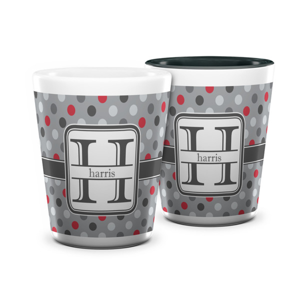 Custom Red & Gray Polka Dots Ceramic Shot Glass - 1.5 oz (Personalized)