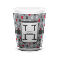 Red & Gray Polka Dots Ceramic Shot Glass - 1.5 oz - White - Single (Personalized)