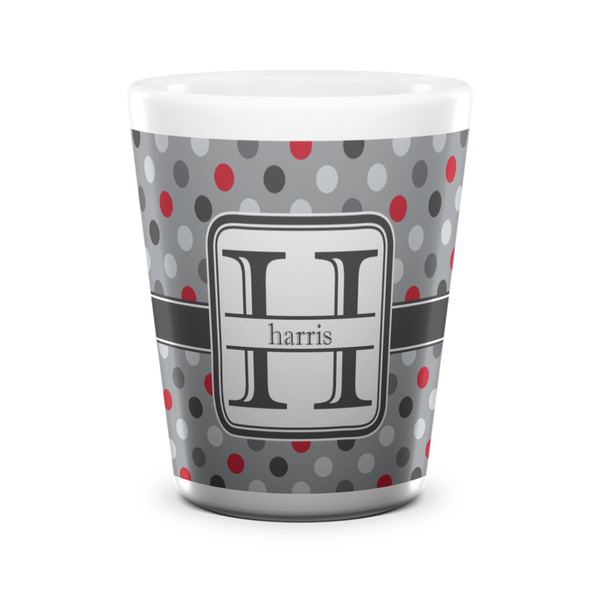 Custom Red & Gray Polka Dots Ceramic Shot Glass - 1.5 oz - White - Single (Personalized)