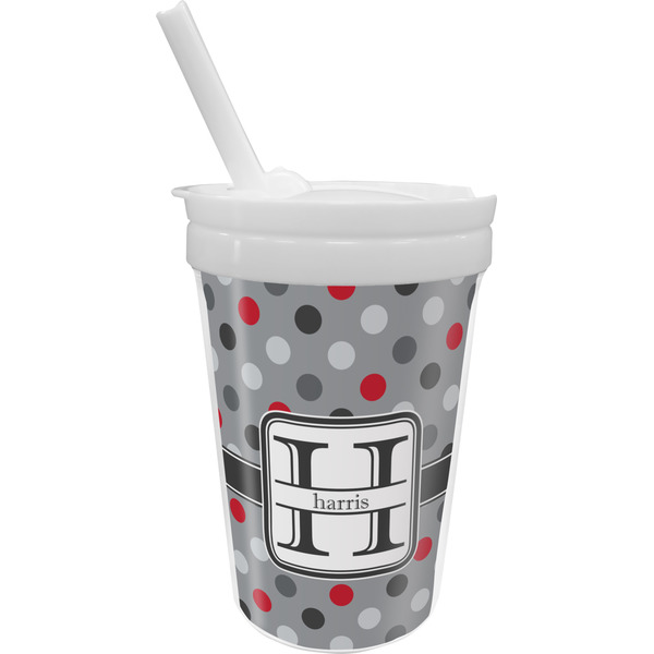 Custom Red & Gray Polka Dots Sippy Cup with Straw (Personalized)
