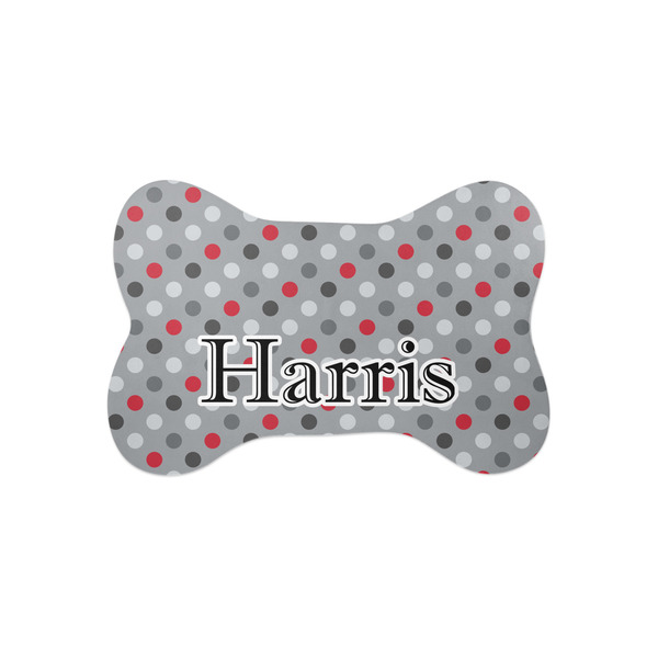 Custom Red & Gray Polka Dots Bone Shaped Dog Food Mat (Small) (Personalized)