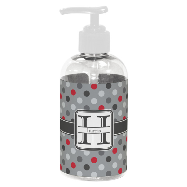 Custom Red & Gray Polka Dots Plastic Soap / Lotion Dispenser (8 oz - Small - White) (Personalized)