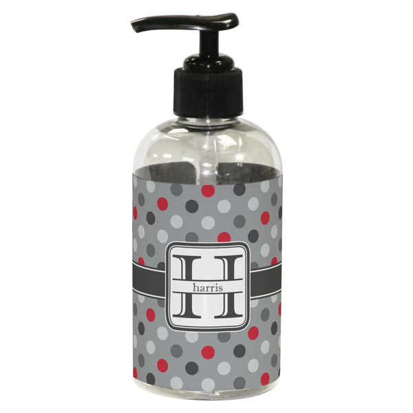 Custom Red & Gray Polka Dots Plastic Soap / Lotion Dispenser (8 oz - Small - Black) (Personalized)