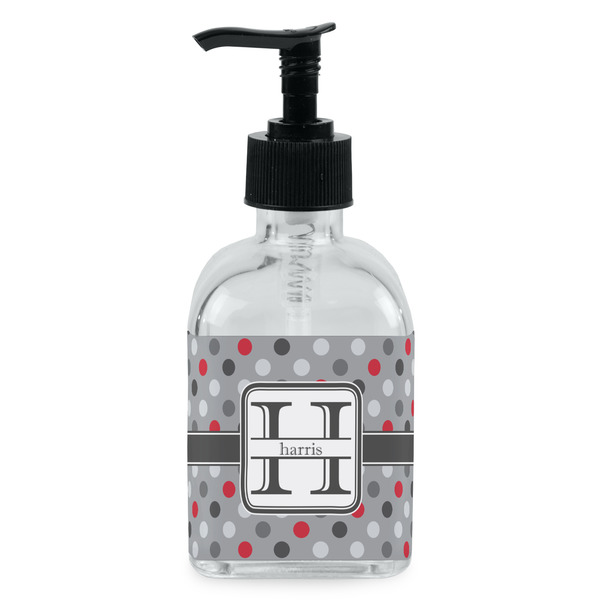 Custom Red & Gray Polka Dots Glass Soap & Lotion Bottle - Single Bottle (Personalized)