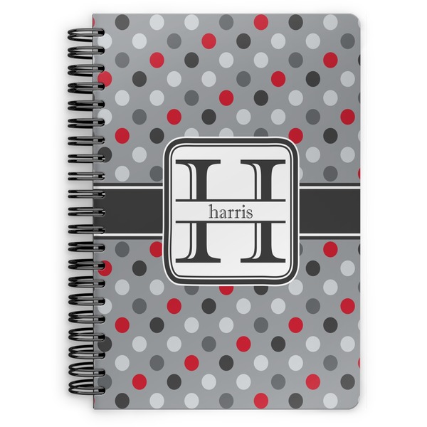 Custom Red & Gray Polka Dots Spiral Notebook - 7x10 w/ Name and Initial