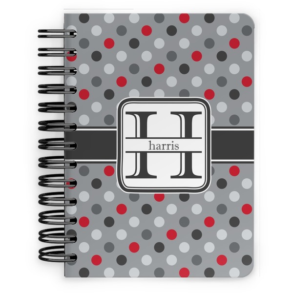 Custom Red & Gray Polka Dots Spiral Notebook - 5x7 w/ Name and Initial