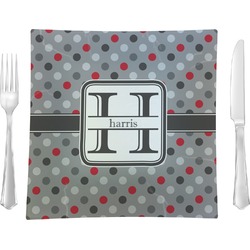 Red & Gray Polka Dots Glass Square Lunch / Dinner Plate 9.5" (Personalized)