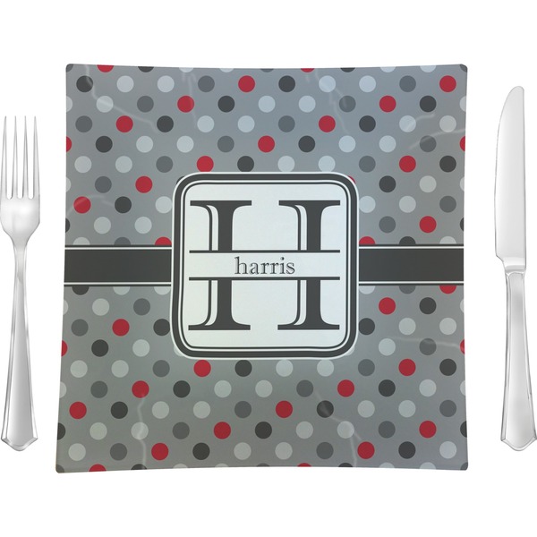 Custom Red & Gray Polka Dots 9.5" Glass Square Lunch / Dinner Plate- Single or Set of 4 (Personalized)