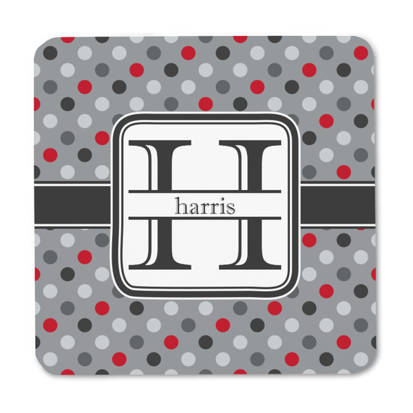 Red & Gray Polka Dots Square Fridge Magnet - FRONT