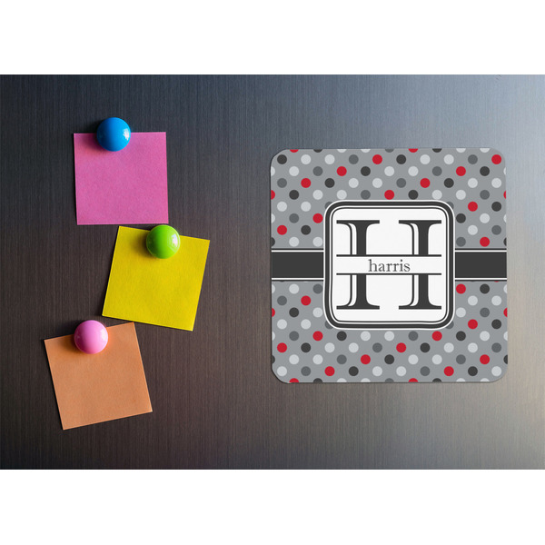 Red & Gray Polka Dots Square Fridge Magnet - LIFESTYLE