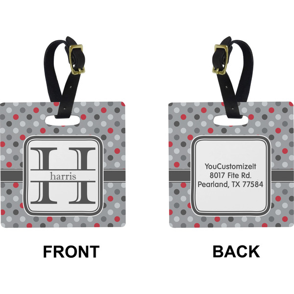 Red & Gray Polka Dots Square Luggage Tag (Front + Back)