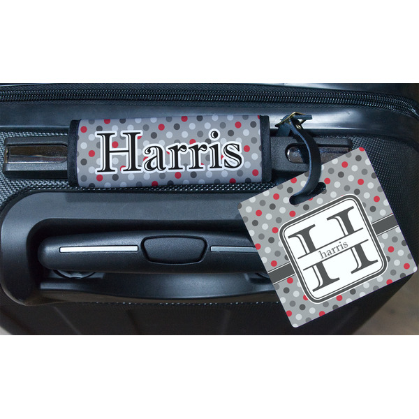 Red & Gray Polka Dots Square Luggage Tag & Handle Wrap - In Context