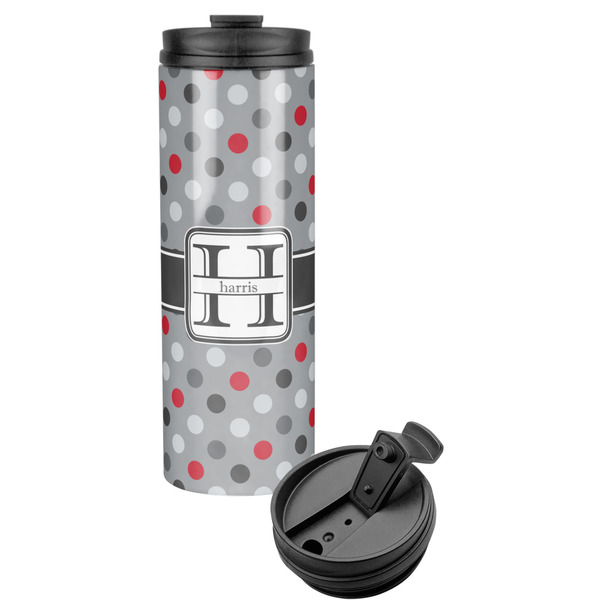 Custom Red & Gray Polka Dots Stainless Steel Skinny Tumbler (Personalized)