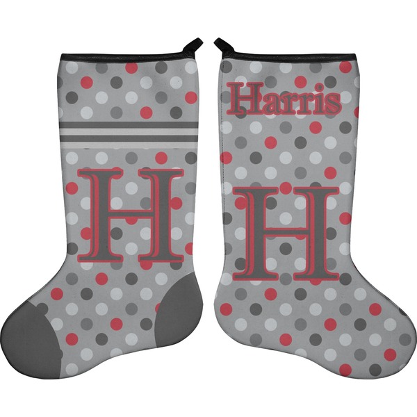 Custom Red & Gray Polka Dots Holiday Stocking - Double-Sided - Neoprene (Personalized)