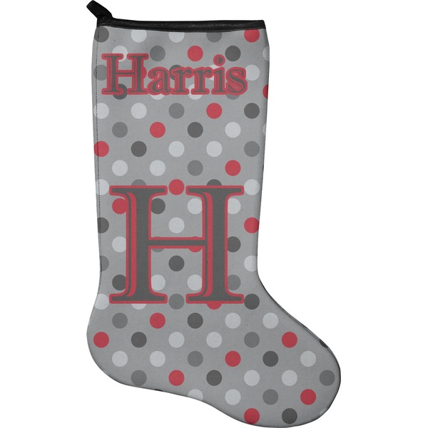 Custom Red & Gray Polka Dots Holiday Stocking - Neoprene (Personalized)