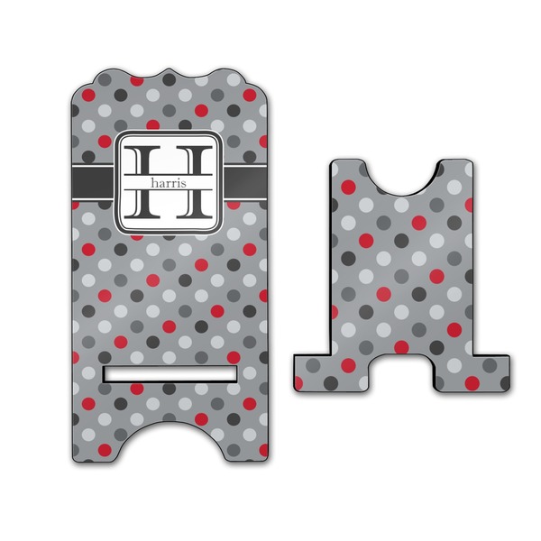 Red & Gray Polka Dots Stylized Phone Stand - Front & Back - Large