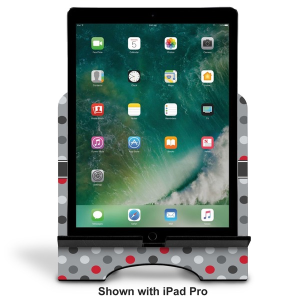 Red & Gray Polka Dots Stylized Tablet Stand - Front with ipad