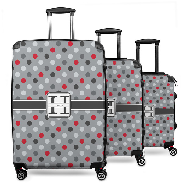 Custom Red & Gray Polka Dots 3 Piece Luggage Set - 20" Carry On, 24" Medium Checked, 28" Large Checked (Personalized)