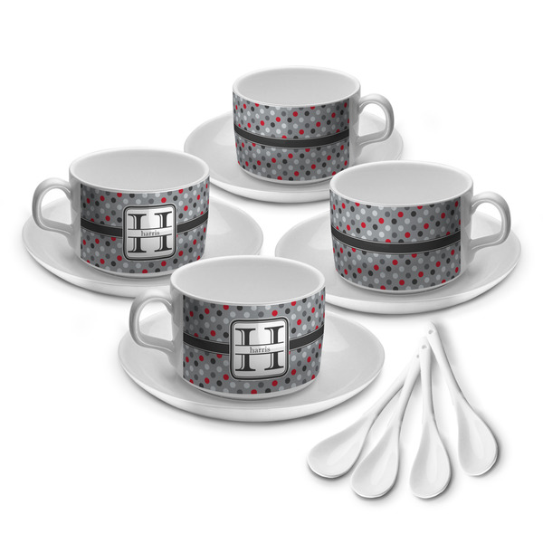 Custom Red & Gray Polka Dots Tea Cup - Set of 4 (Personalized)