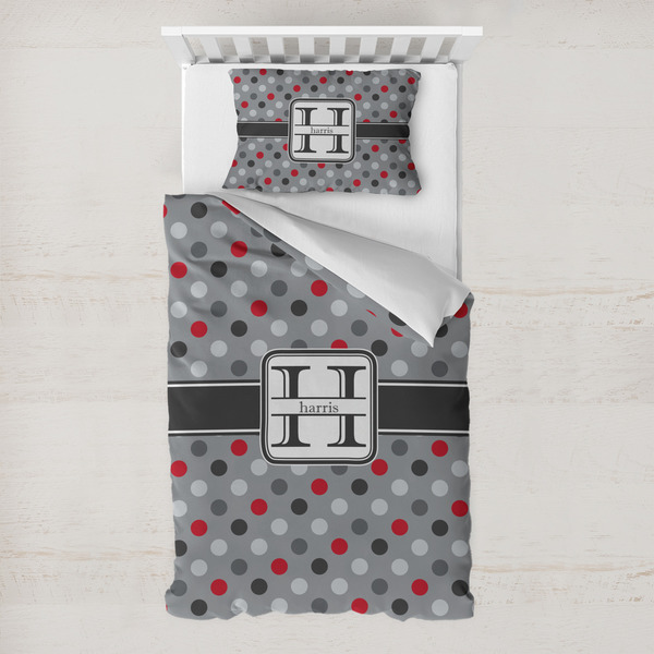 Custom Red & Gray Polka Dots Toddler Bedding Set - With Pillowcase (Personalized)