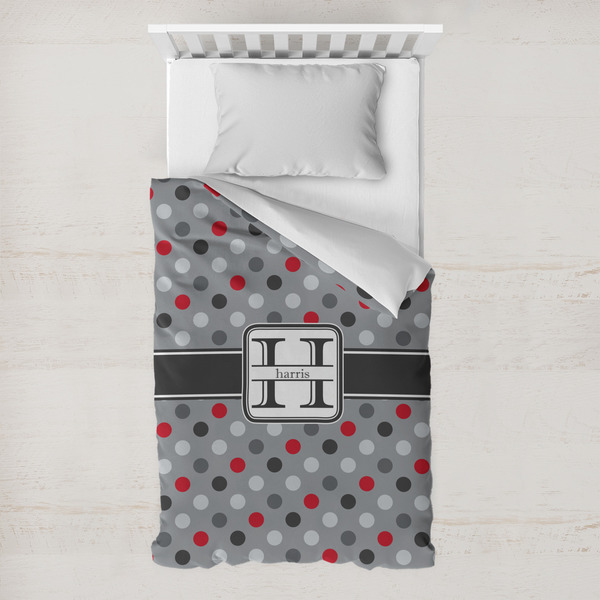 Custom Red & Gray Polka Dots Toddler Duvet Cover w/ Name and Initial