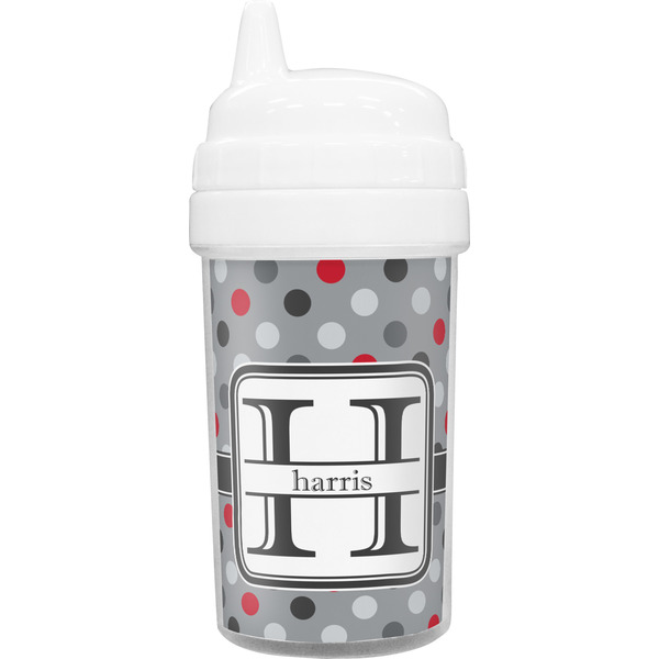 Custom Red & Gray Polka Dots Toddler Sippy Cup (Personalized)
