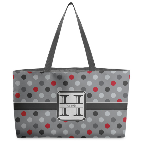 Custom Red & Gray Polka Dots Beach Totes Bag - w/ Black Handles (Personalized)