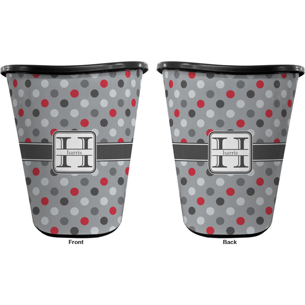 Red & Gray Polka Dots Trash Can Black - Front and Back - Apvl