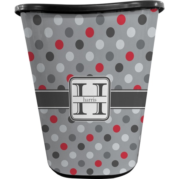 Custom Red & Gray Polka Dots Waste Basket - Double Sided (Black) (Personalized)