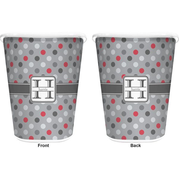 Red & Gray Polka Dots Trash Can White - Front and Back - Apvl