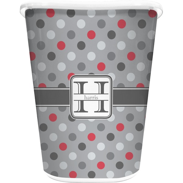 Custom Red & Gray Polka Dots Waste Basket - Double Sided (White) (Personalized)