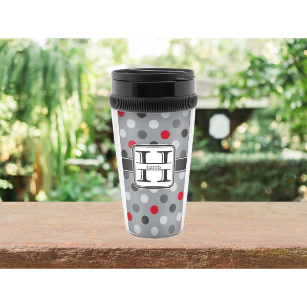 Red & Gray Polka Dots Travel Mug Lifestyle (Personalized)