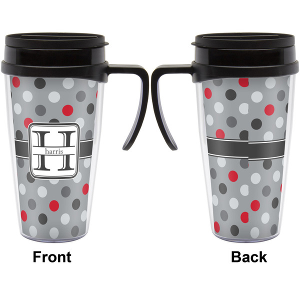Red & Gray Polka Dots Travel Mug with Black Handle - Approval