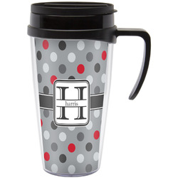 Red & Gray Polka Dots Acrylic Travel Mug with Handle (Personalized)