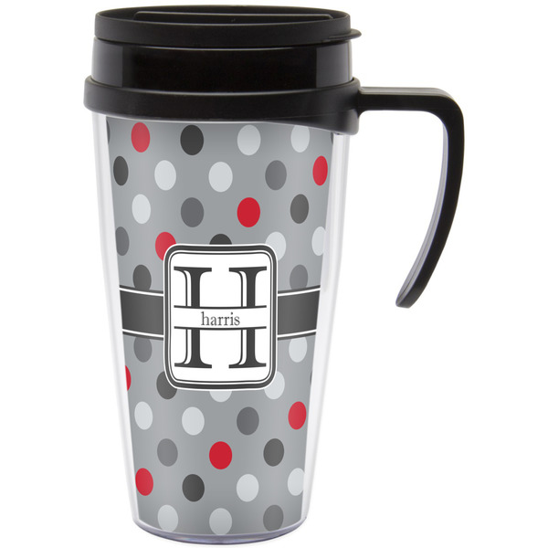 Custom Red & Gray Polka Dots Acrylic Travel Mug with Handle (Personalized)