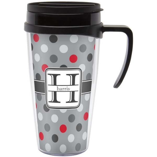Custom Red & Gray Polka Dots Acrylic Travel Mug with Handle (Personalized)