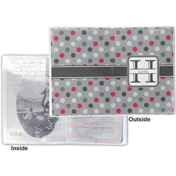 Red & Gray Polka Dots Vinyl Passport Holder - Flat Front and Back