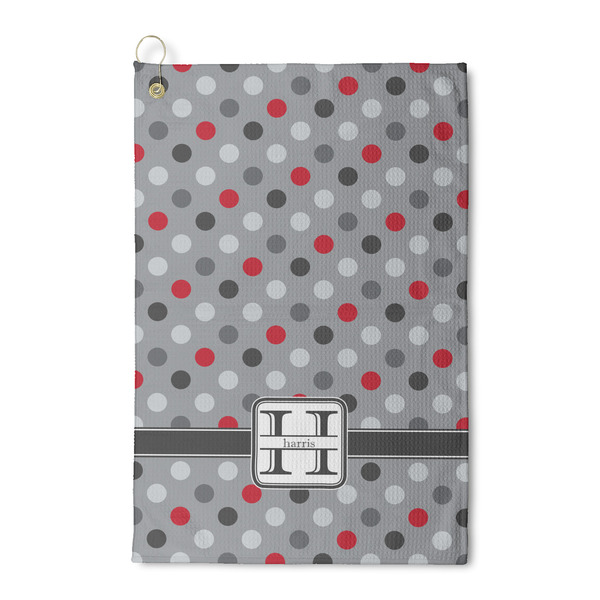 Custom Red & Gray Polka Dots Waffle Weave Golf Towel (Personalized)