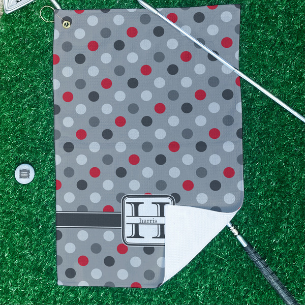 Red & Gray Polka Dots Waffle Weave Golf Towel - In Context