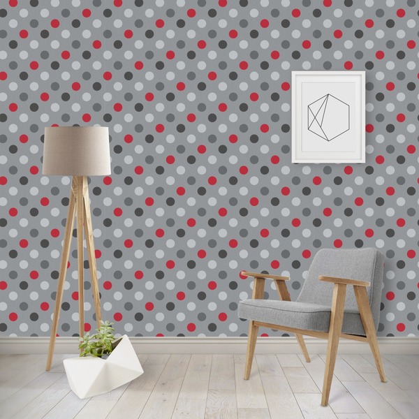 Custom Red & Gray Polka Dots Wallpaper & Surface Covering (Peel & Stick - Repositionable)