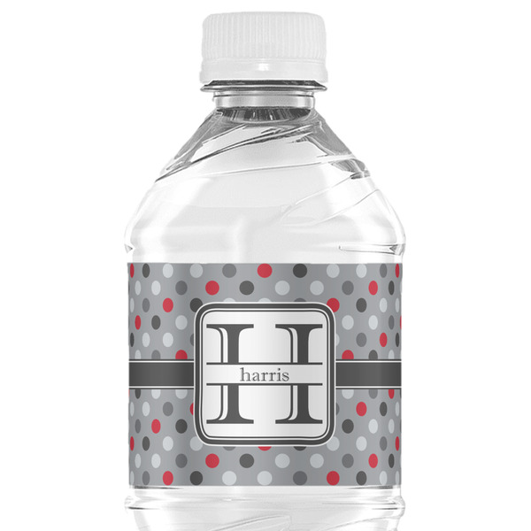 Custom Red & Gray Polka Dots Water Bottle Labels - Custom Sized (Personalized)