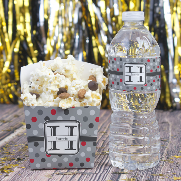 Red & Gray Polka Dots Water Bottle Label - w/ Favor Box