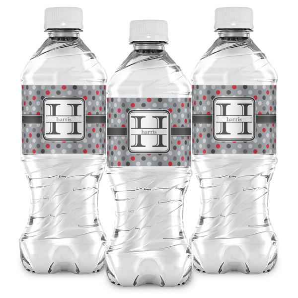 Red & Gray Polka Dots Water Bottle Labels - Front View
