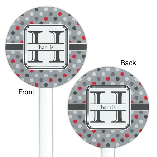 Red & Gray Polka Dots White Plastic 5.5" Stir Stick - Double Sided - Round - Front & Back